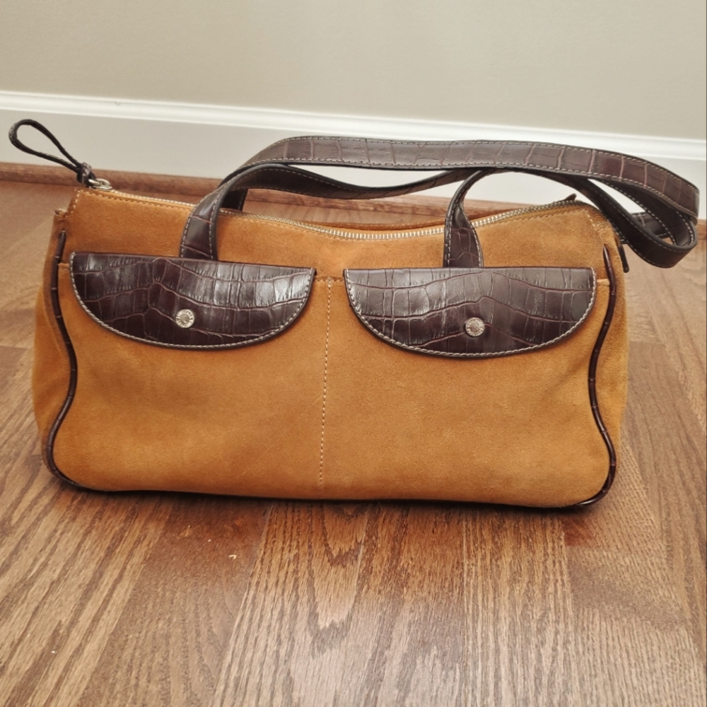 Tan suede purse with dark brown croc embossed trim by Equipage Paris